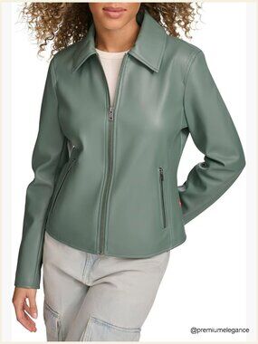 Faux Leather Racer Jacket with Band Collar